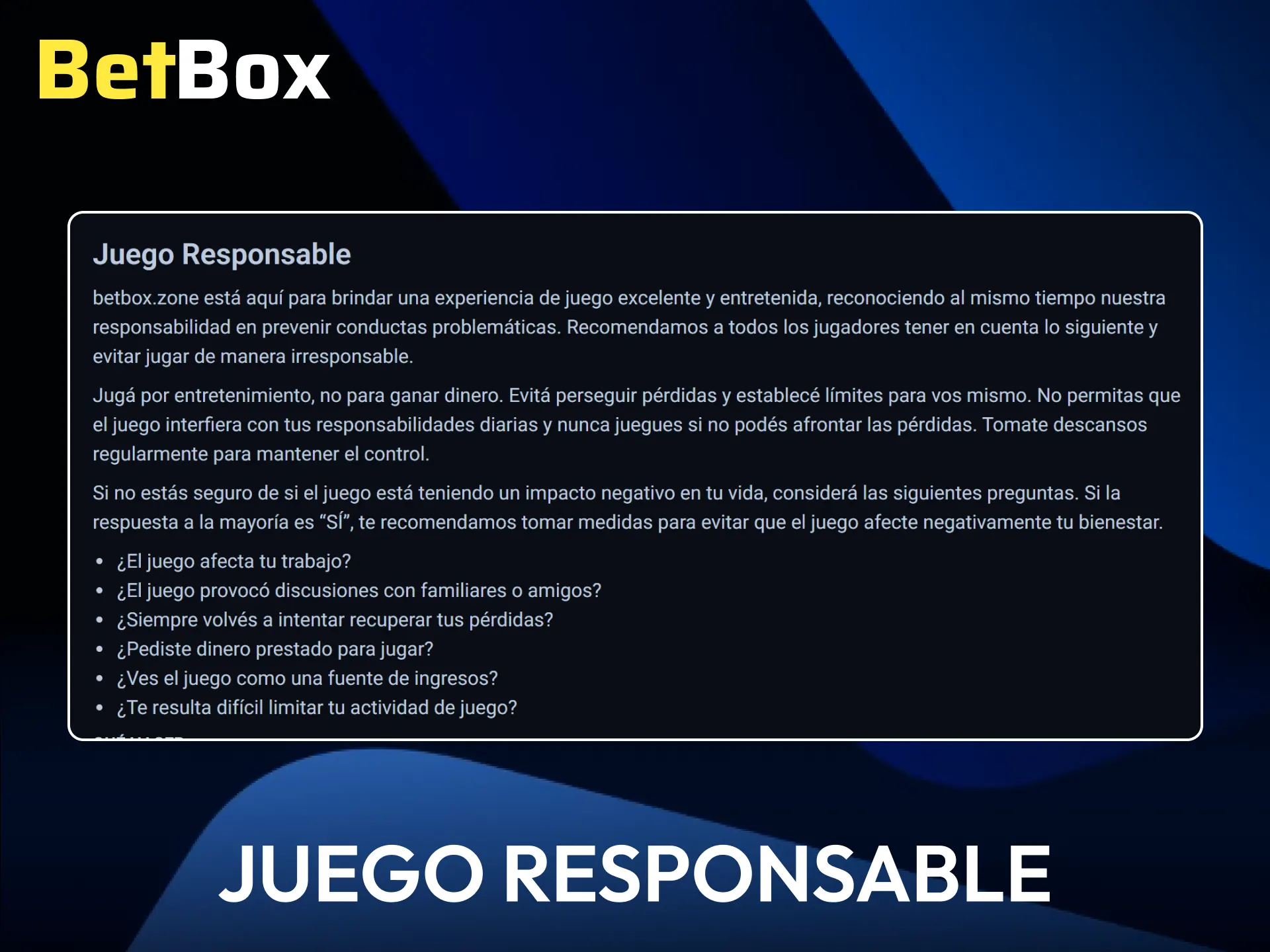 Configurá límites personales para mantener hábitos de apuesta saludables Betbox.