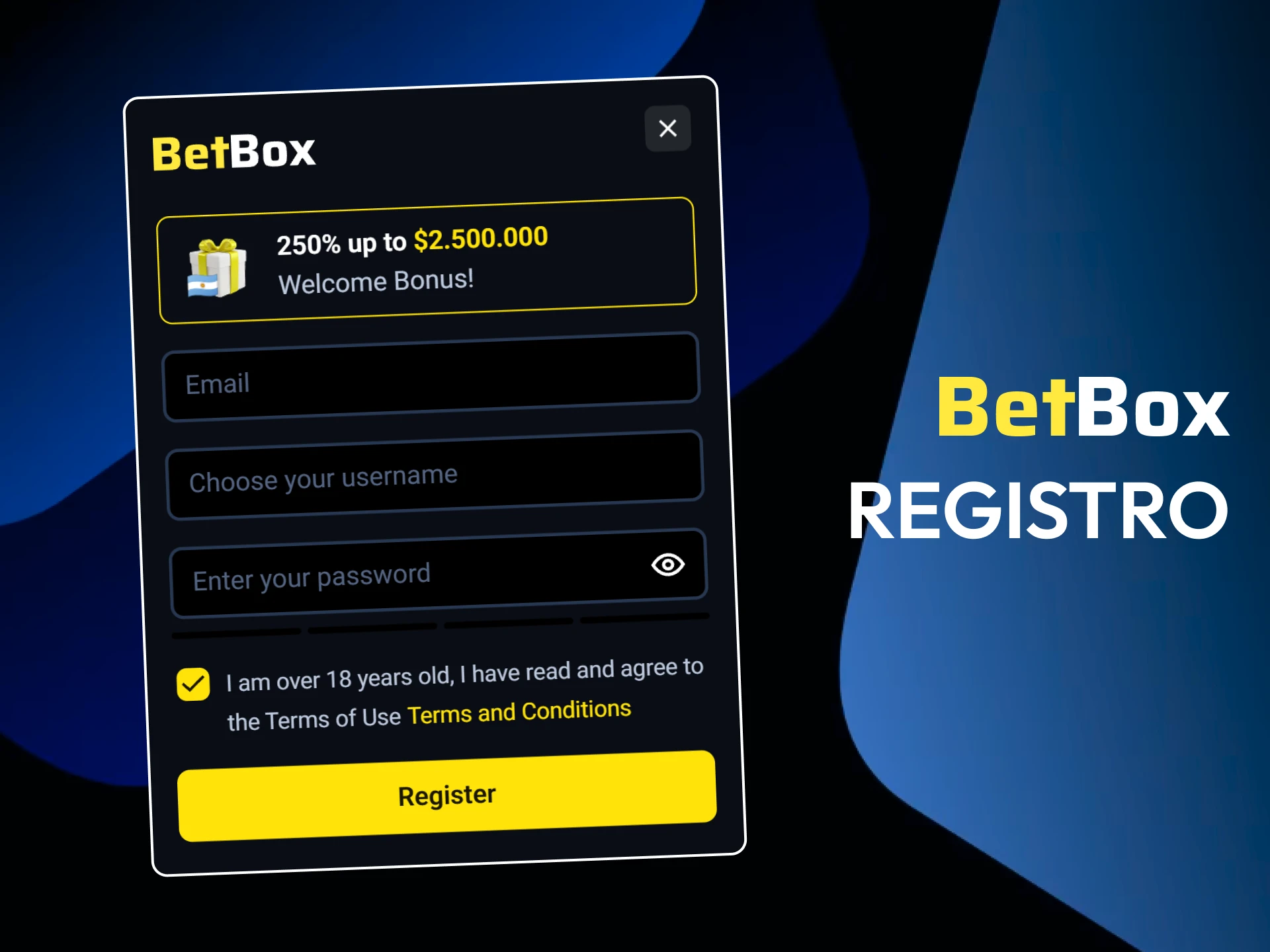 Creá tu cuenta personal completando tus datos en Betbox.